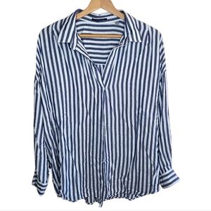 T Tahari | Denim Blue & White Striped V-neck Collared Popover Shirt Size XL